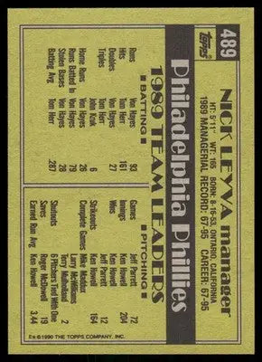 Back of 1990 Topps Nick Leyva #499 baseball card with 1989 Phillies stats