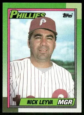Baseball card of Nick Leyva Phillies manager from 1990 Topps Nick Leyva series