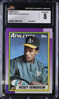 Graded Rickey Henderson 1990 Topps #450 Baseball Card in CGC 8 condition