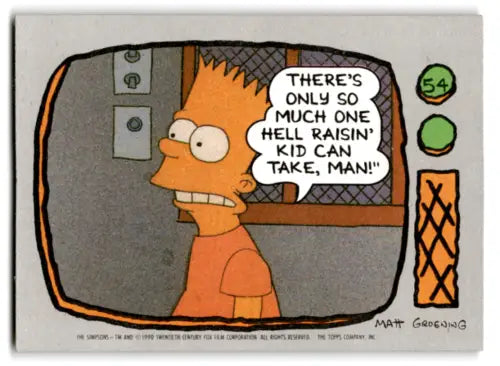 Cartoon image of Bart Simpson from original gloss 1990 Topps hell raisin kid card