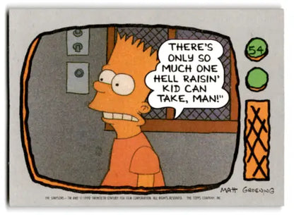Cartoon image of Bart Simpson from original gloss 1990 Topps hell raisin kid card