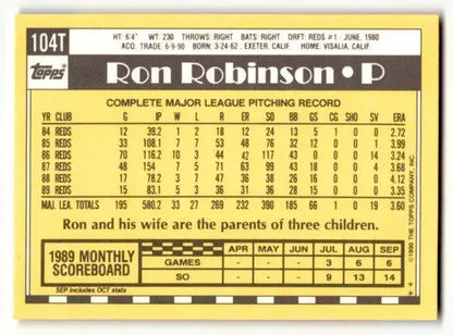 Original gloss of 1990 Topps Traded #104T Ron Robinson Milwaukee Brewers baseball card with pitching stats