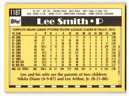 Vintage baseball card featuring 118T Lee Smith from 1990 Topps Traded series