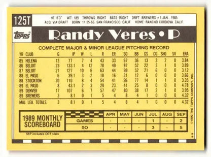 Original gloss 125t Randy Veres Milwaukee Brewers baseball card from 1990 Topps Traded