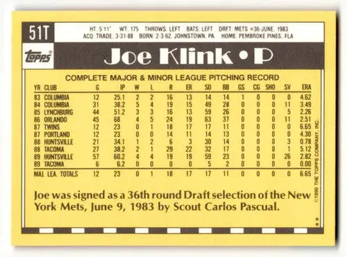 Original gloss Joe Klink Oakland baseball card from 1990 Topps Traded Klink Oakland Athletics