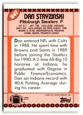 Back of a vintage 1990 Topps Traded Dan Stryzinski football card 84T Dan Stryzinski