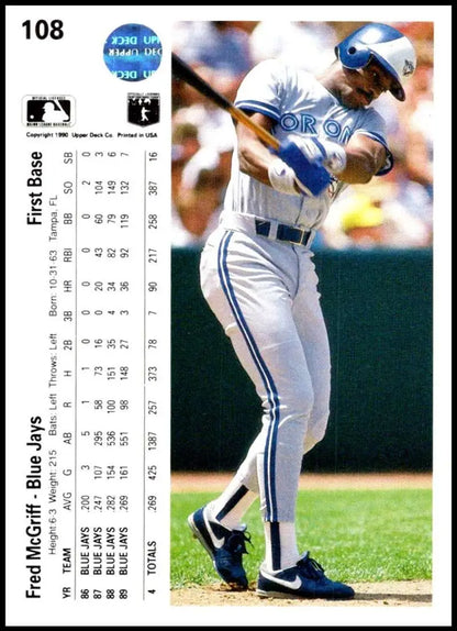 Toronto Blue Jays baseball card featuring Fred McGriff in a white uniform at bat
