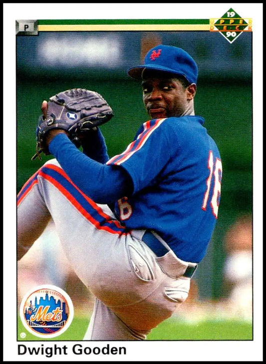 Dwight Gooden pitching in New York Mets uniform on 1990 Upper Deck baseball card