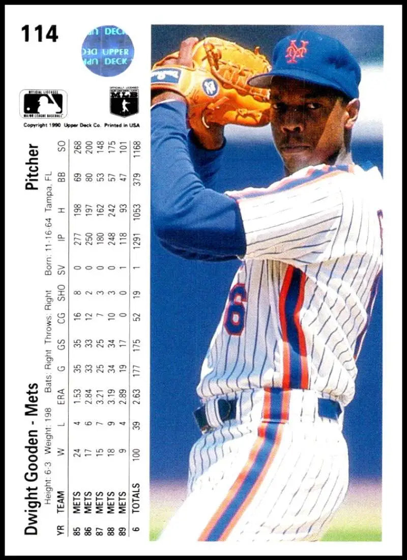 Dwight Gooden pitching in pinstriped uniform on New York Mets Baseball Card