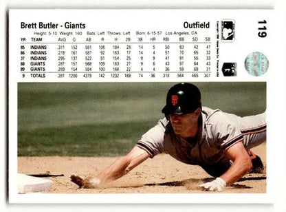 Original gloss Brett Butler San Francisco Giants baseball card sliding into base with stats