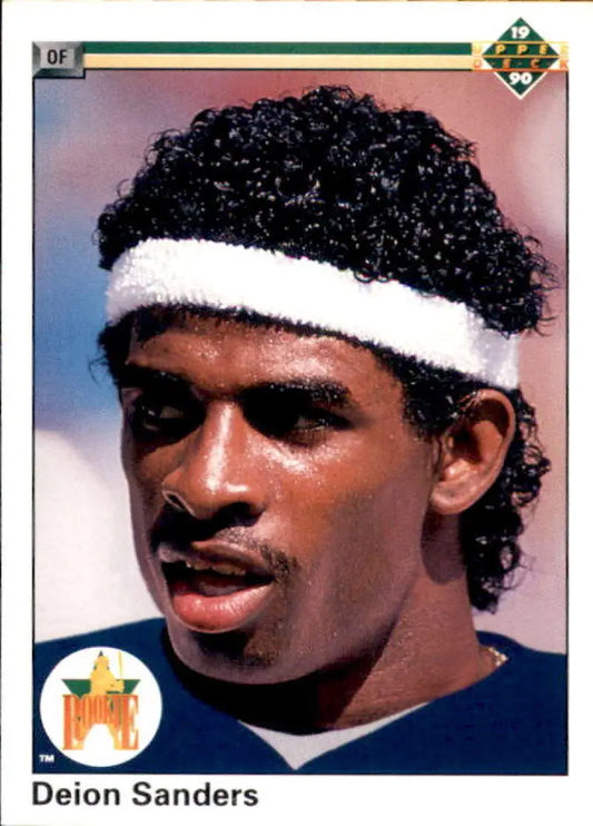 Deion Sanders in navy jersey and white headband on New York Yankees baseball card