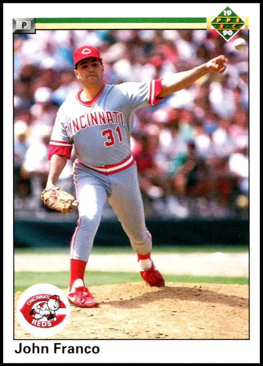 Cincinnati Reds pitcher John Franco in mid-delivery on Upper Deck baseball card