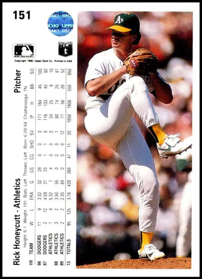 Baseball player Rick Honeycutt in Oakland Athletics uniform mid-pitch delivery