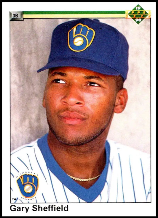 Baseball card of Gary Sheffield in a blue cap and pinstriped uniform for Upper Deck