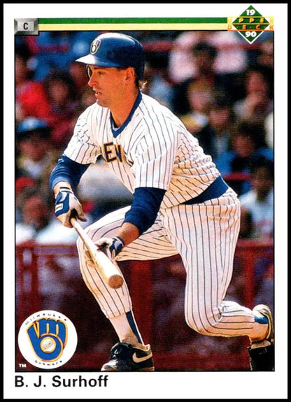 Milwaukee Brewers player B.J. Surhoff executing a bunt on Upper Deck baseball card