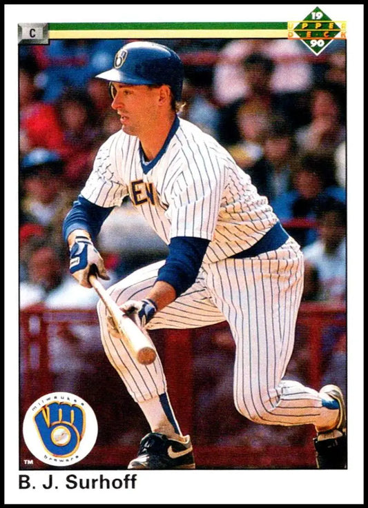 Milwaukee Brewers player B.J. Surhoff executing a bunt on Upper Deck baseball card