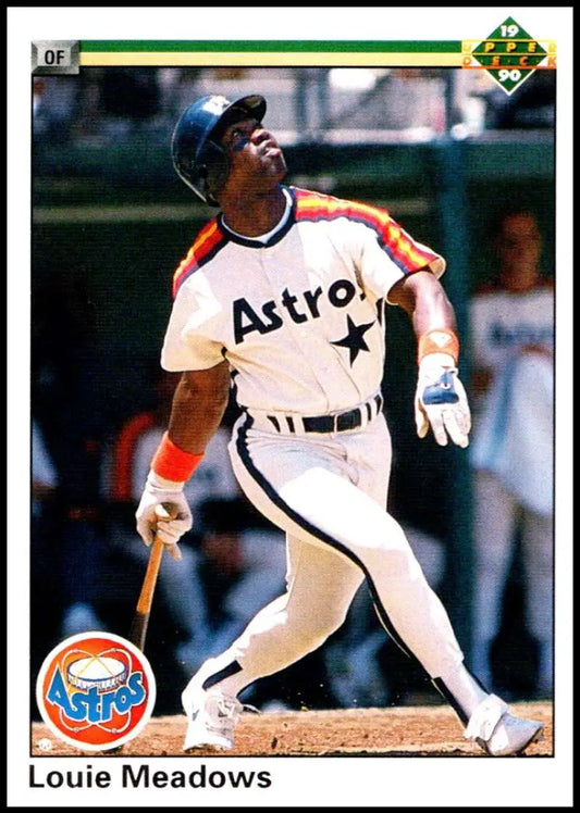 Baseball player in Houston Astros uniform swinging bat for Louie Meadows card