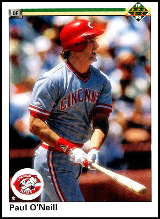 Paul O’Neill in gray uniform at bat for Cincinnati Reds baseball card 1990 Upper Deck