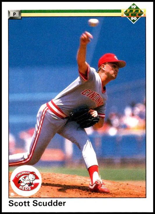 Scott Scudder delivers a pitch in Cincinnati Reds uniform, featured on a baseball card