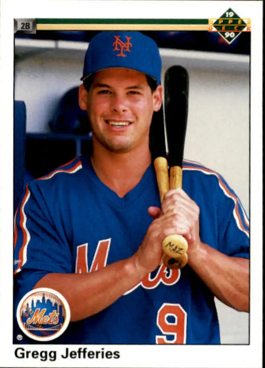 Gregg Jefferies in New York Mets uniform holds bat on 1990 Upper Deck baseball card