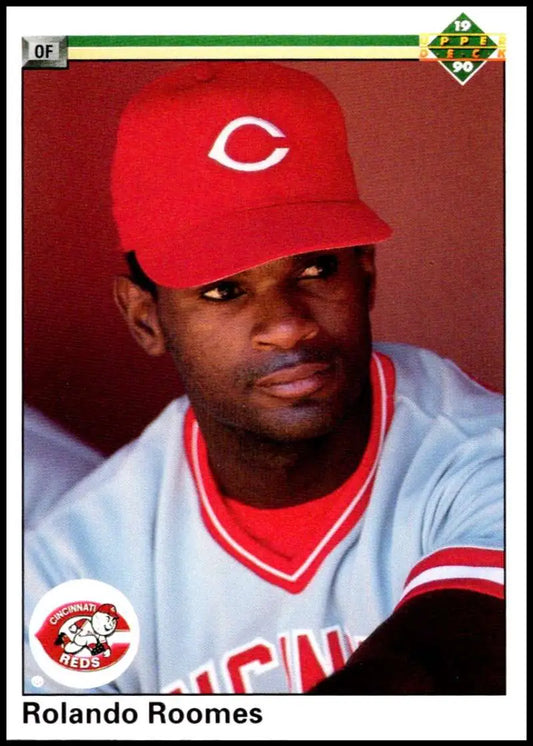 1990 Upper Deck Rolando Roomes Cincinnati Reds Baseball Card with red cap and gray uniform
