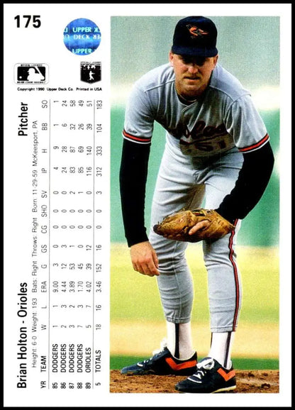 Brian Holton 1990 Upper Deck baseball card of Orioles pitcher in pitching stance