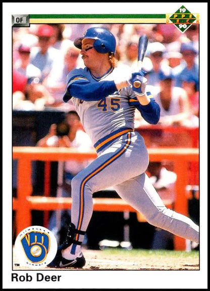 Rob Deer swinging a bat in Milwaukee Brewers uniform on baseball card