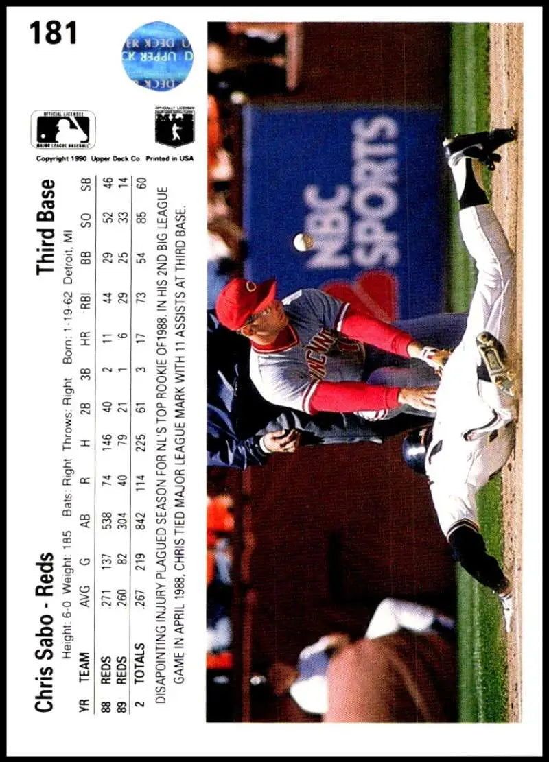 Baseball card of Chris Sabo sliding home for Cincinnati Reds in Upper Deck collection