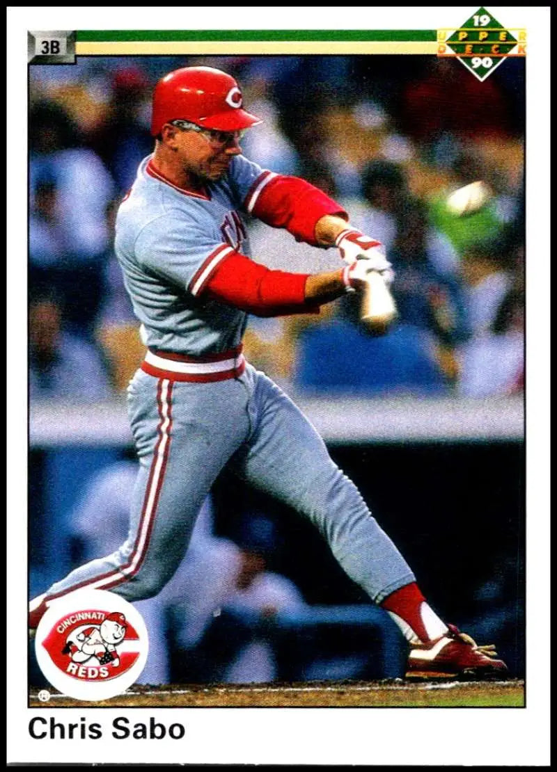 Chris Sabo mid-swing in Cincinnati Reds uniform on 1990 Upper Deck baseball card