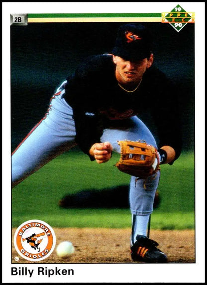 Baseball player Billy Ripken in Orioles uniform fielding ground ball for Upper Deck card
