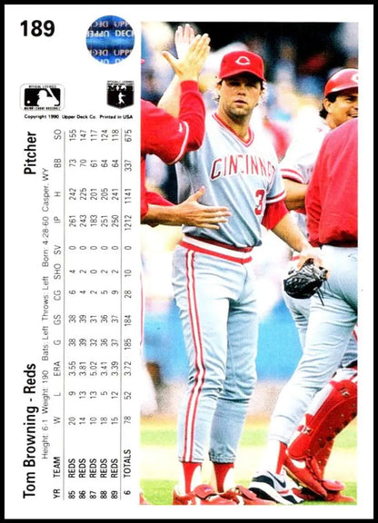 Tom Browning in gray uniform high-fiving on 1990 Upper Deck Cincinnati Reds card
