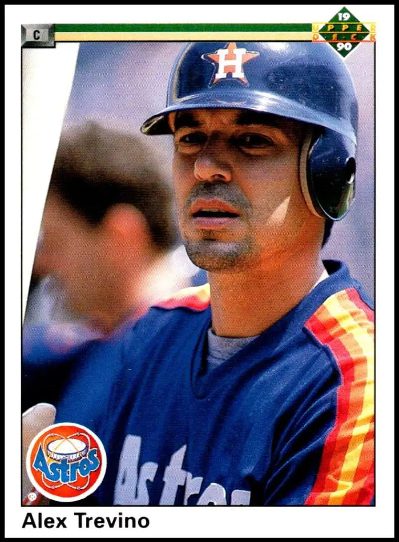 Houston Astros Alex Trevino 1990 Upper Deck baseball card with blue uniform and striped sleeve