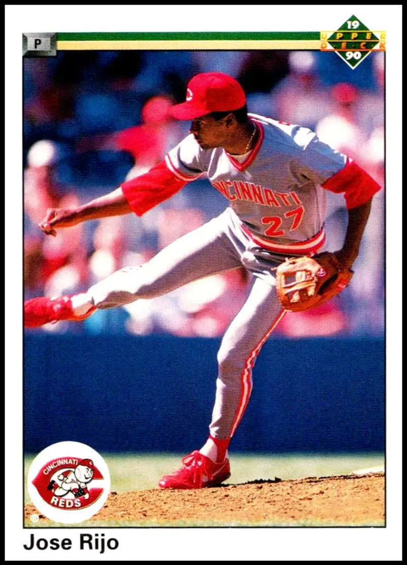Cincinnati Reds pitcher Jose Rijo mid-delivery in red cap and white uniform on baseball card