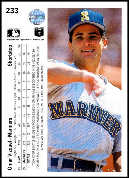 Omar Vizquel Seattle Mariners baseball card in home white uniform from 1990 Upper Deck