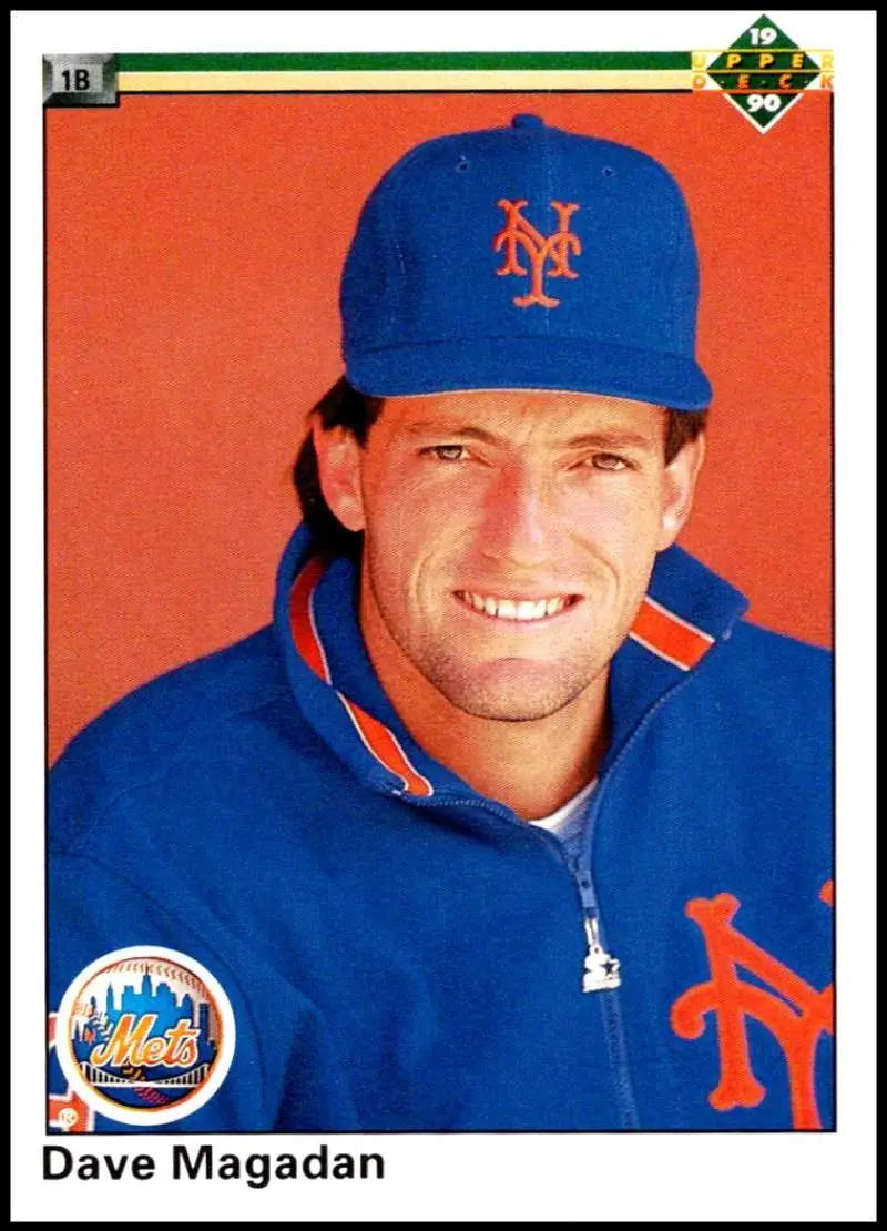Baseball card of Dave Magadan in New York Mets cap and jacket from 1990 Upper Deck