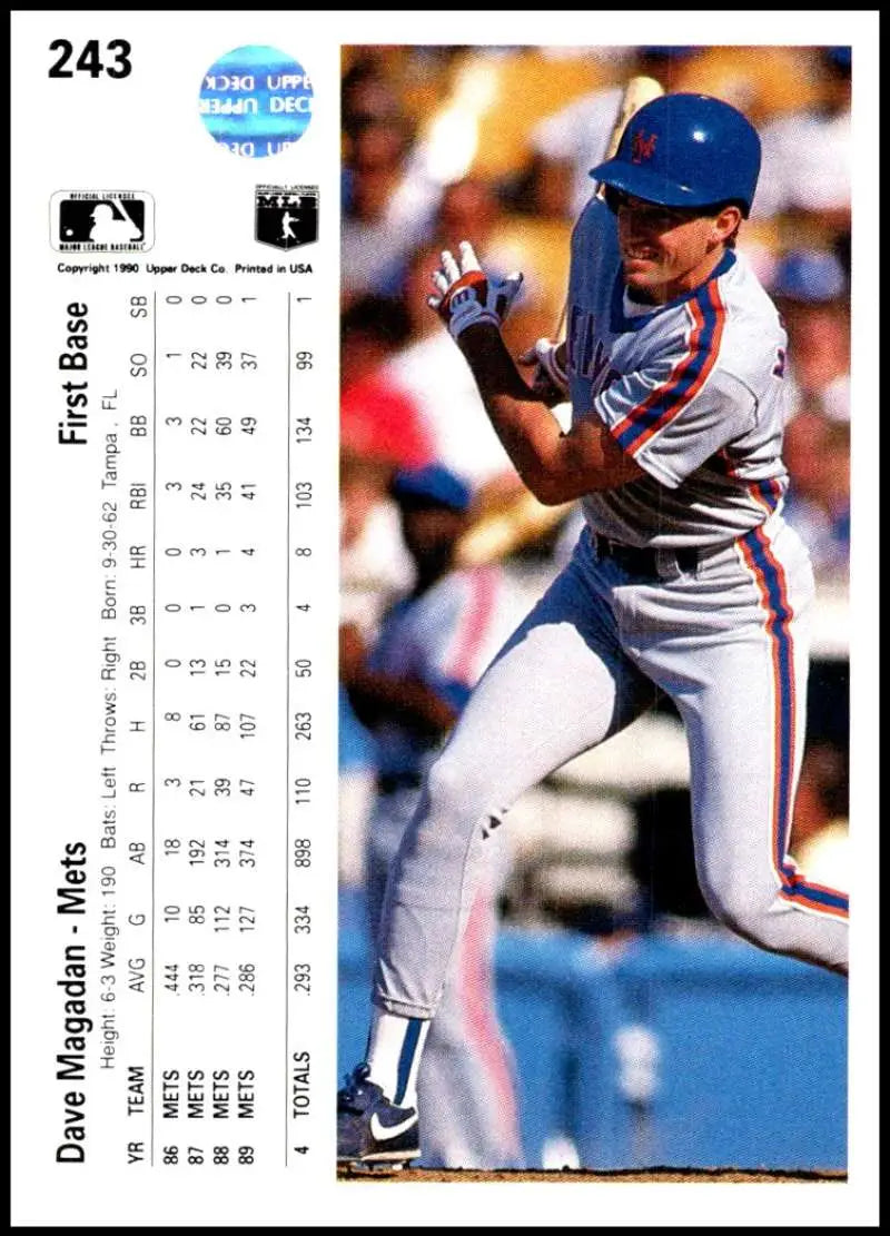 Baseball card of Dave Magadan in mid-delivery for New York Mets, blue and white uniform