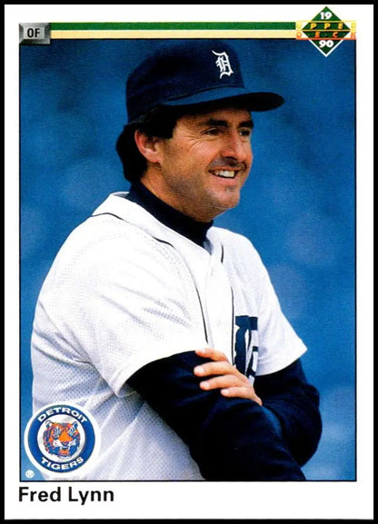 Fred Lynn in home uniform and navy jacket on Detroit Tigers baseball card