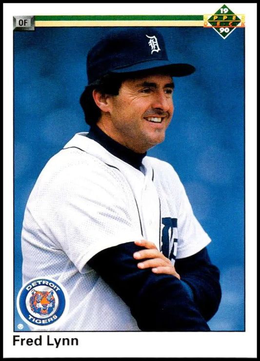 Fred Lynn in home uniform and navy jacket on Detroit Tigers baseball card