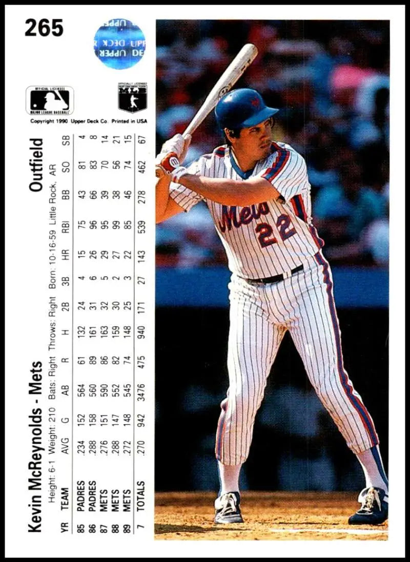 Kevin McReynolds at bat in pinstriped uniform on New York Mets baseball card