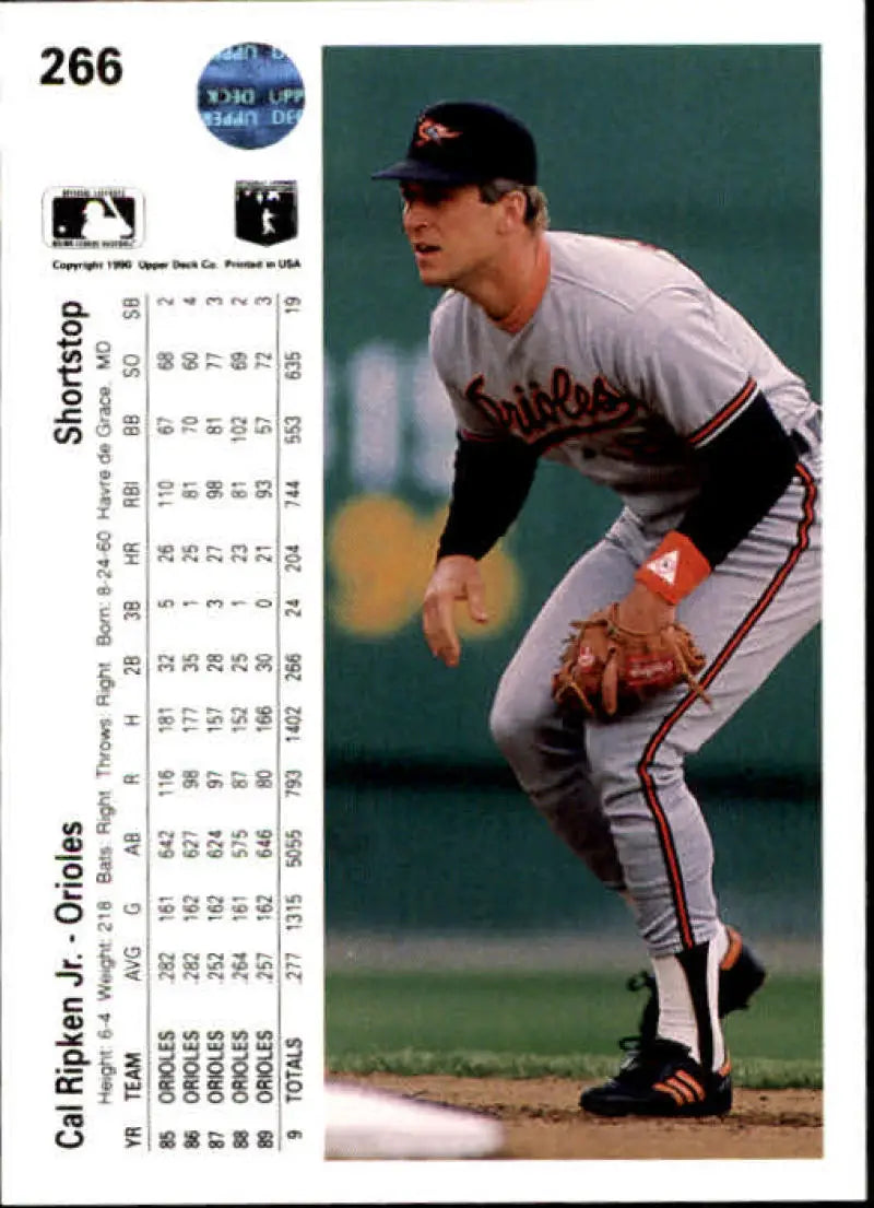 Cal Ripken Jr. fielding at third base on a 1990 Upper Deck baseball card