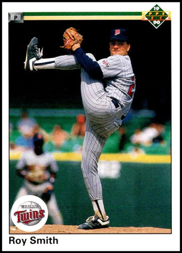 Roy Smith pitching in a Minnesota Twins uniform on a baseball card