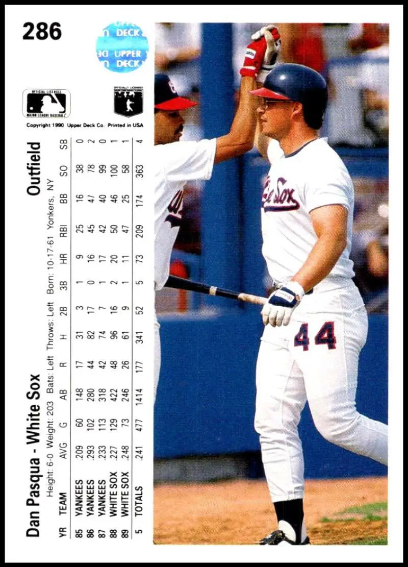 Baseball card of Dan Pasqua in a white Chicago White Sox uniform at bat