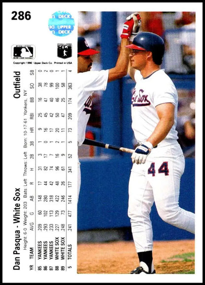 Baseball card of Dan Pasqua in a white Chicago White Sox uniform at bat
