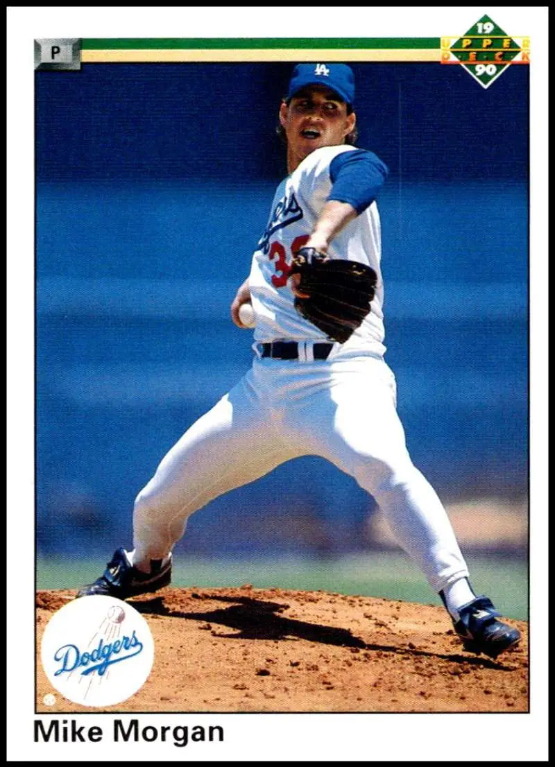 Baseball pitcher Mike Morgan in Los Angeles Dodgers uniform delivering a pitch