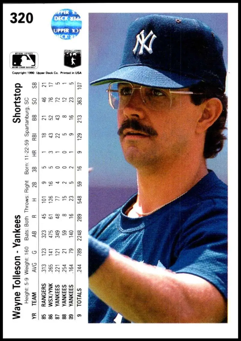 Baseball card of Wayne Tolleson in sunglasses from 1990 Upper Deck New York Yankees