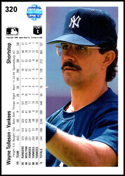 Baseball card of Wayne Tolleson in sunglasses from 1990 Upper Deck New York Yankees