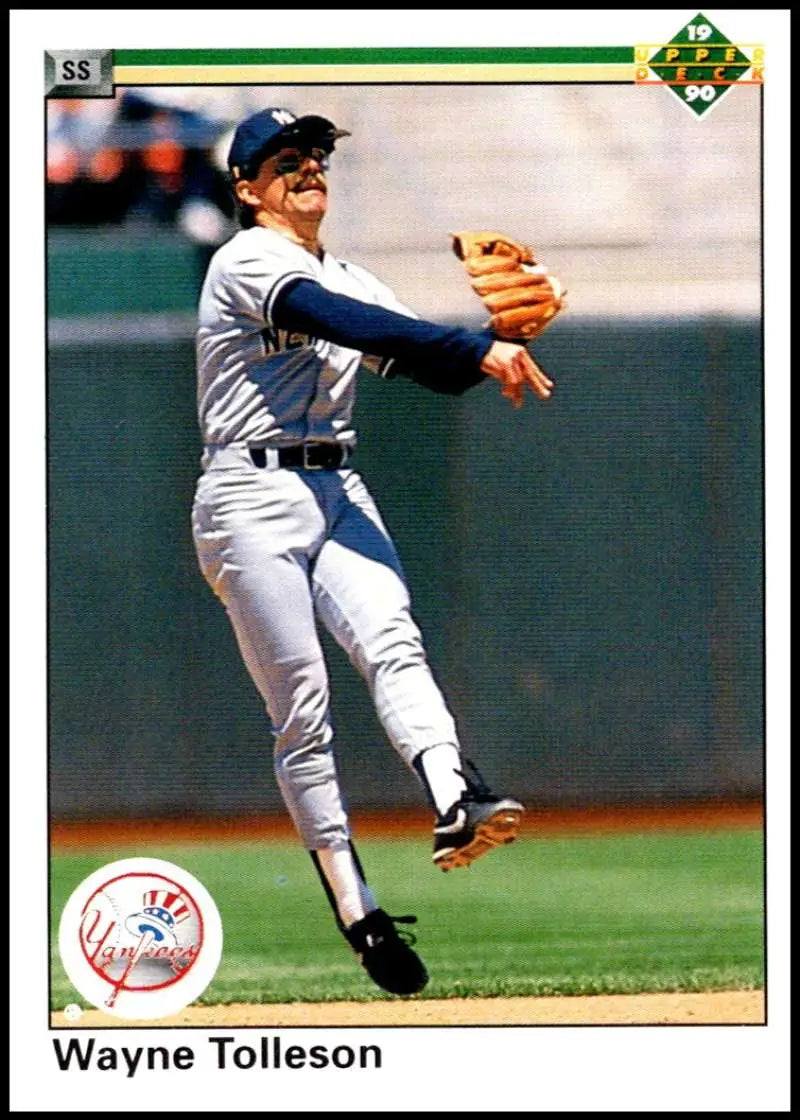 Wayne Tolleson leaps to throw in New York Yankees uniform on Upper Deck baseball card