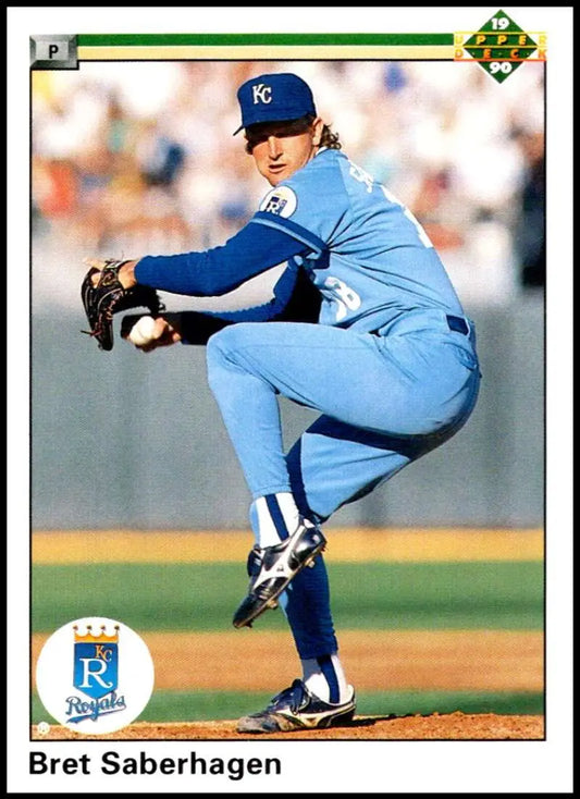 Bret Saberhagen delivering pitch in light blue uniform for Kansas City Royals Baseball Card