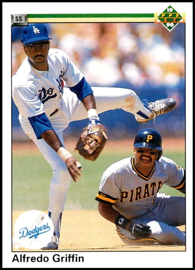 Alfredo Griffin tags out a Pirates runner in Los Angeles Dodgers action shot