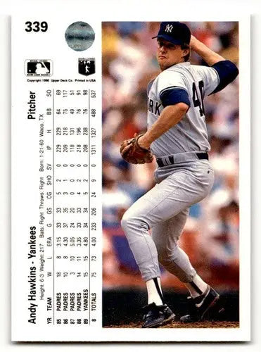 Original gloss 1990 Upper Deck Andy Hawkins Baseball Card featuring New York Yankees image